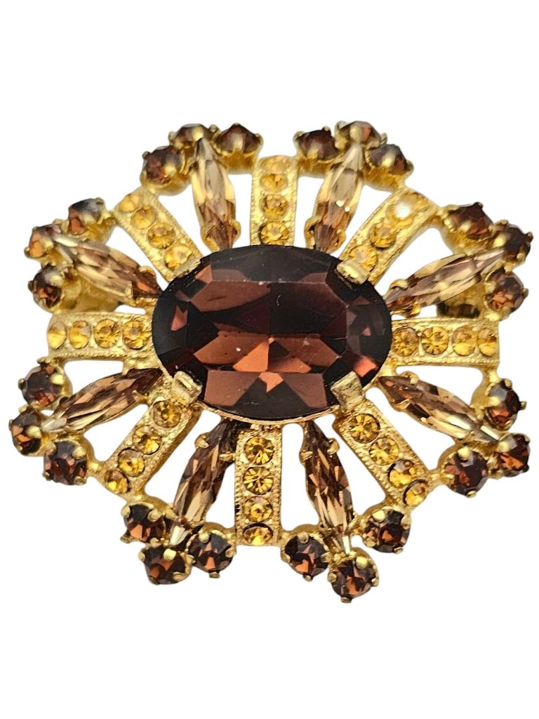 Austria Topaz Rhinestone Oval Starburst Brooch, Signed L990